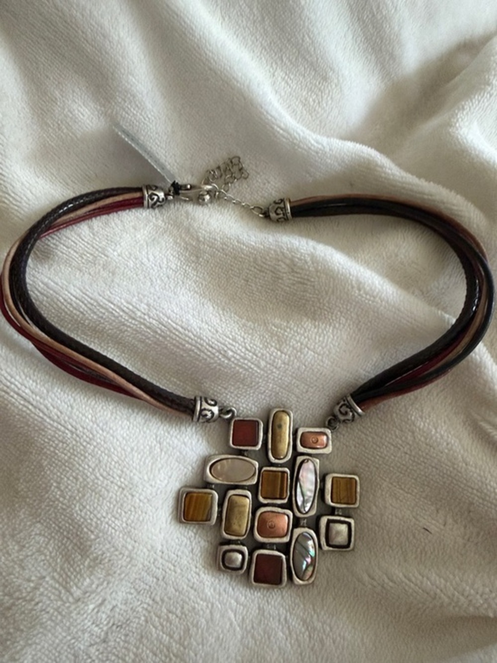 Chico's Multicolor Brown Red Tan Stone Pendant Necklace Chunky Mixed Metal